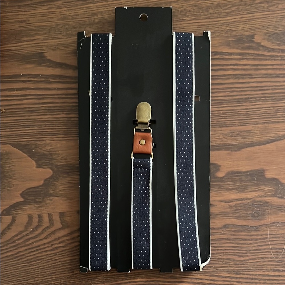 H&M Dapper Dotted Navy Suspenders with Leather & Brass Accents, NWT